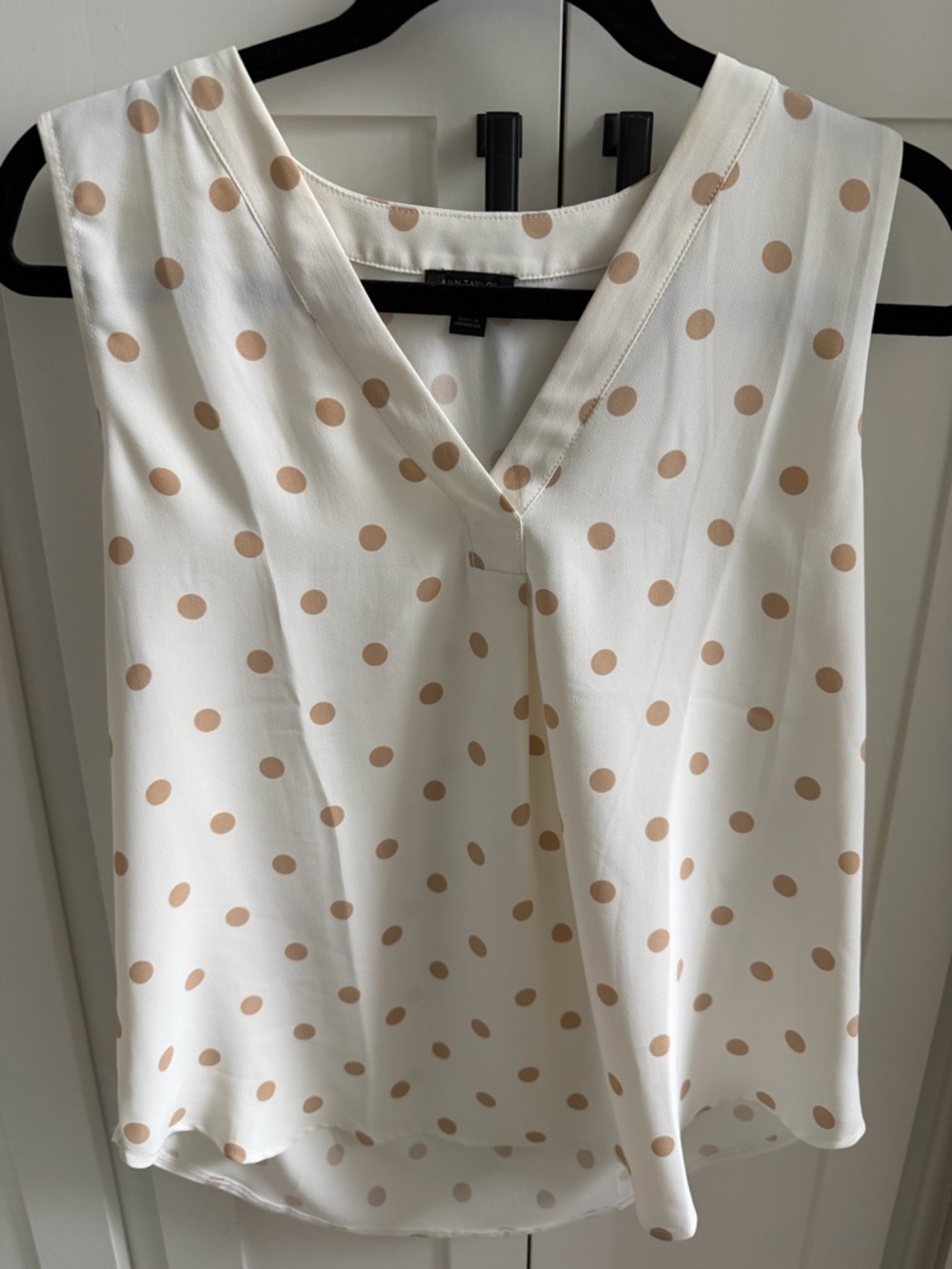Ann Taylor Cream Sleeveless Blouse with Tan Polka Dots